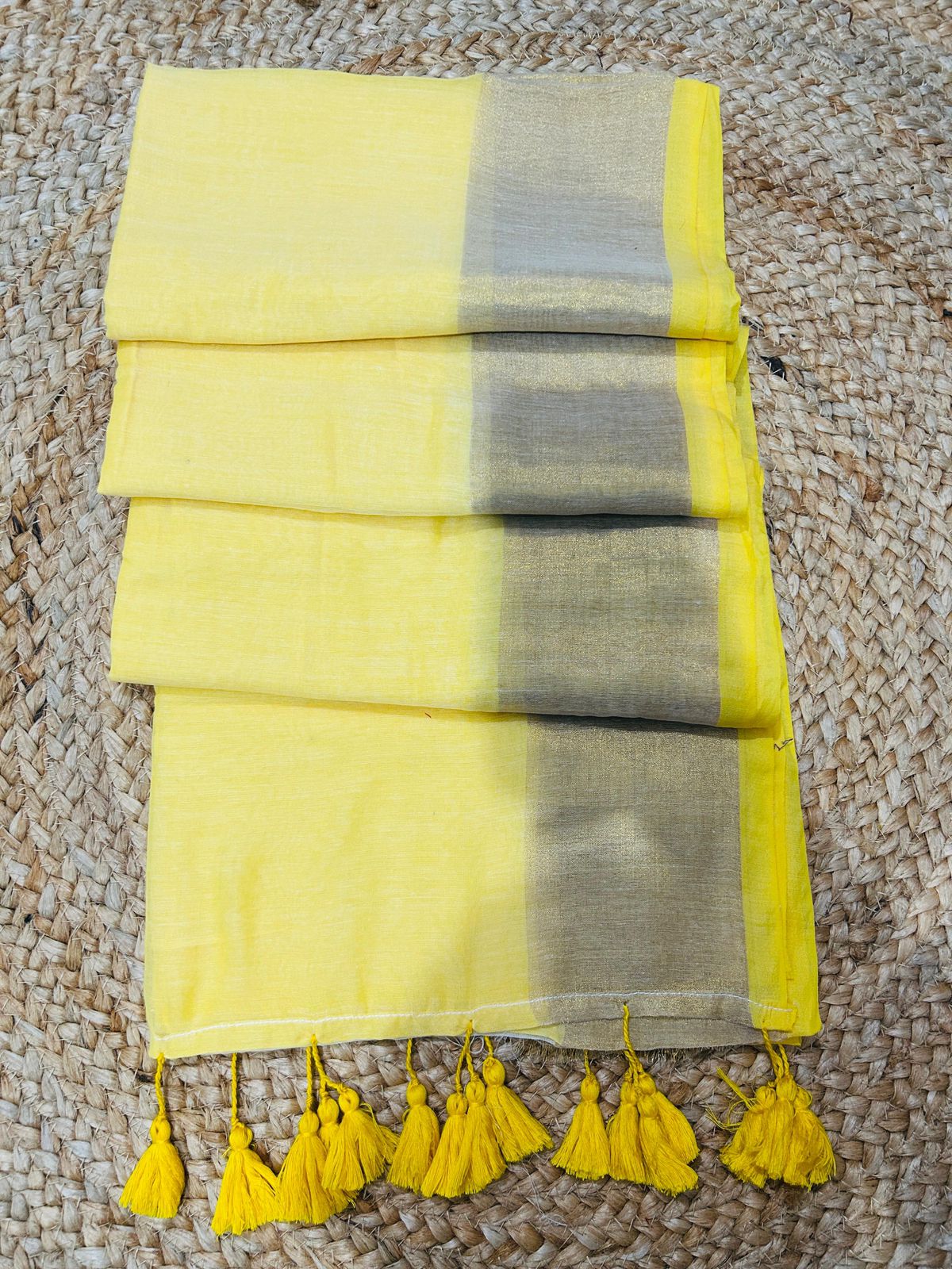 Pure mulcotton saree yellow & off white