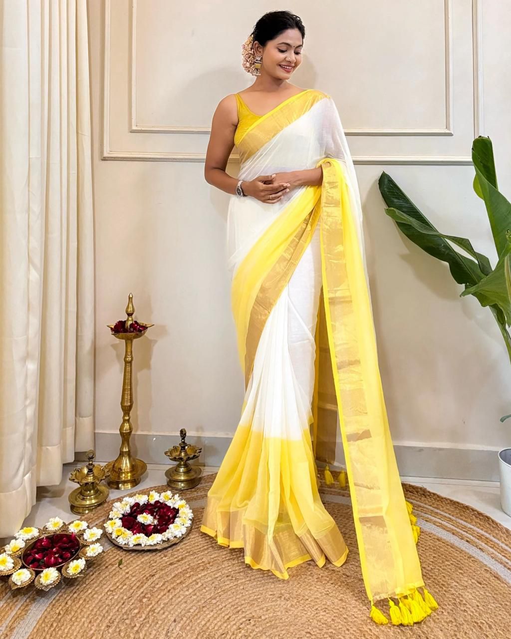 Pure mulcotton saree yellow & off white