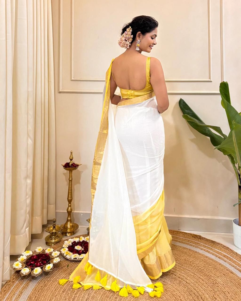 Pure mulcotton saree yellow & off white